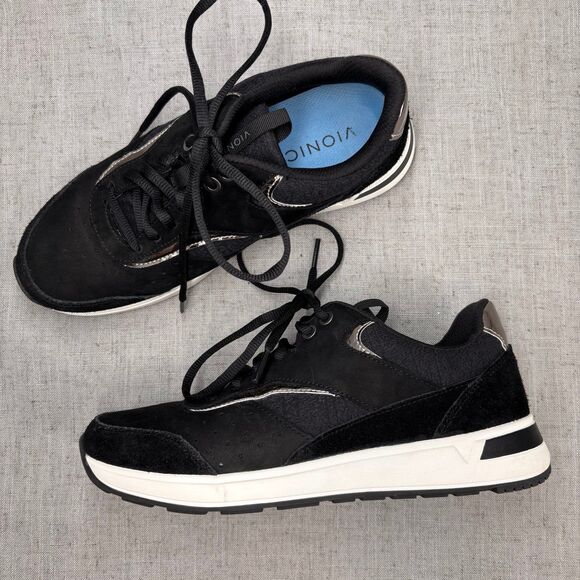 Vionic‎ Nova Athletic Shoes Black Leather Lace Up Training Sneaker Women's 7.5 - Picture 1 of 11